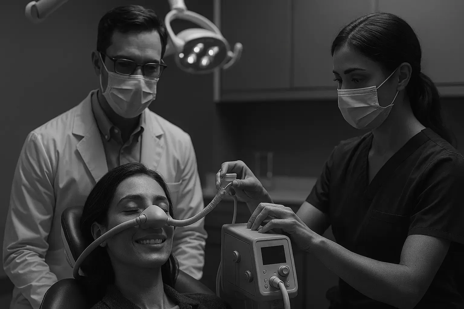 Paciente relajado con máscara nasal de sedación consciente atendido por el equipo dental en KOURA Dental Plus